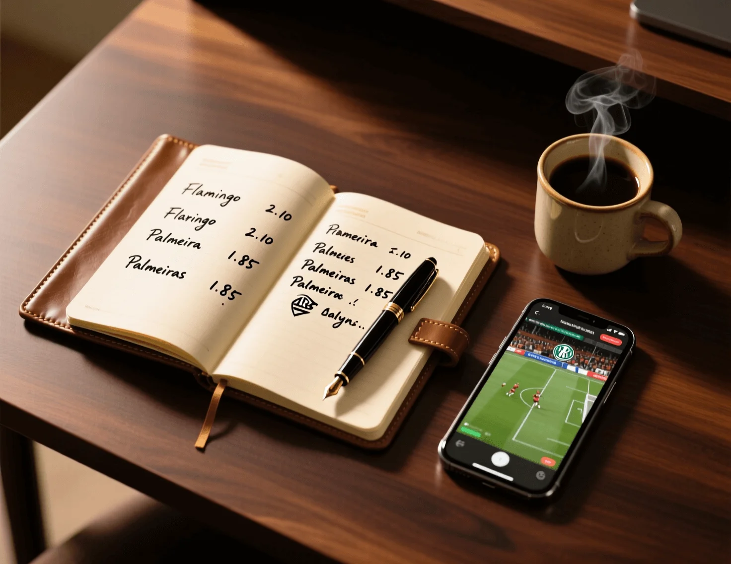 Mesa de análise de apostas esportivas com caderno de anotações e odds em português