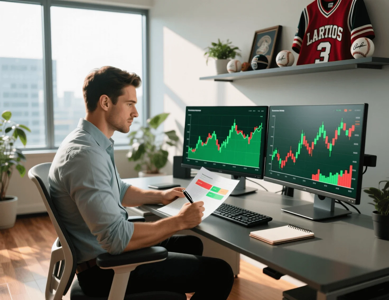 Analista profissional de odds trabalhando com múltiplos monitores e dados esportivos
