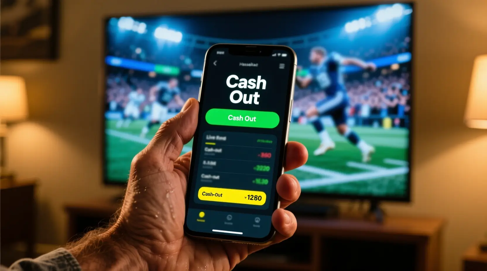 Mão segurando smartphone com botão de cash out visível na tela durante partida de futebol