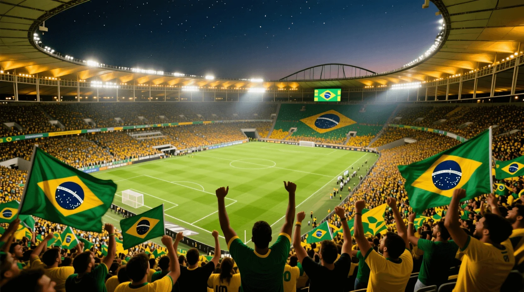 Estádio brasileiro lotado durante partida de futebol, mostrando a paixão dos torcedores