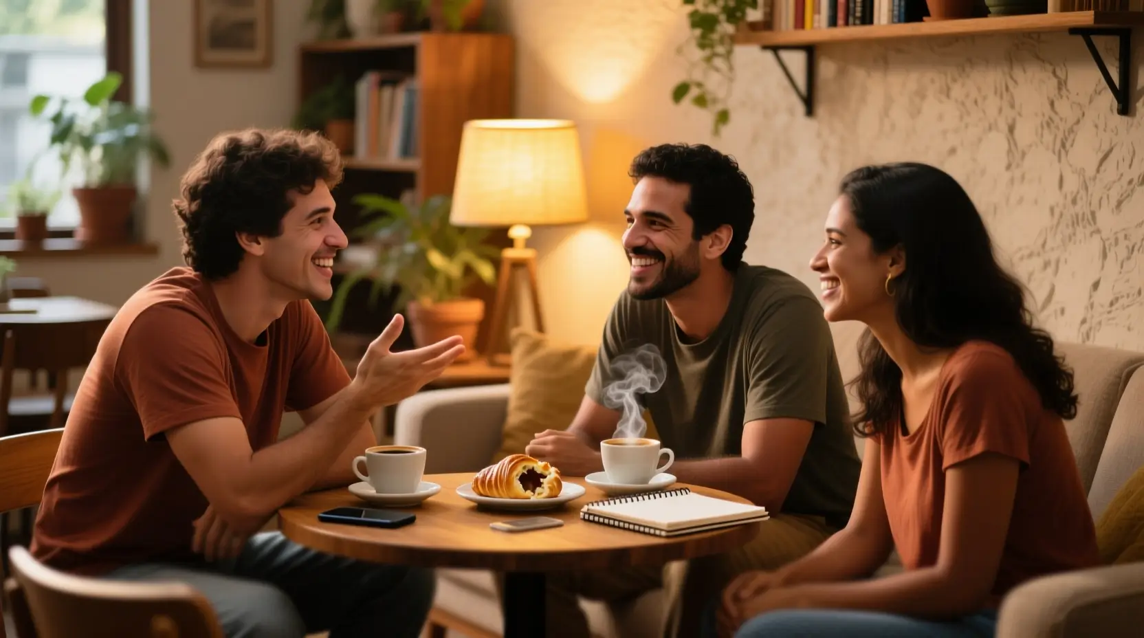 Grupo de amigos brasileiros conversando sobre jogo responsável e apoio mútuo