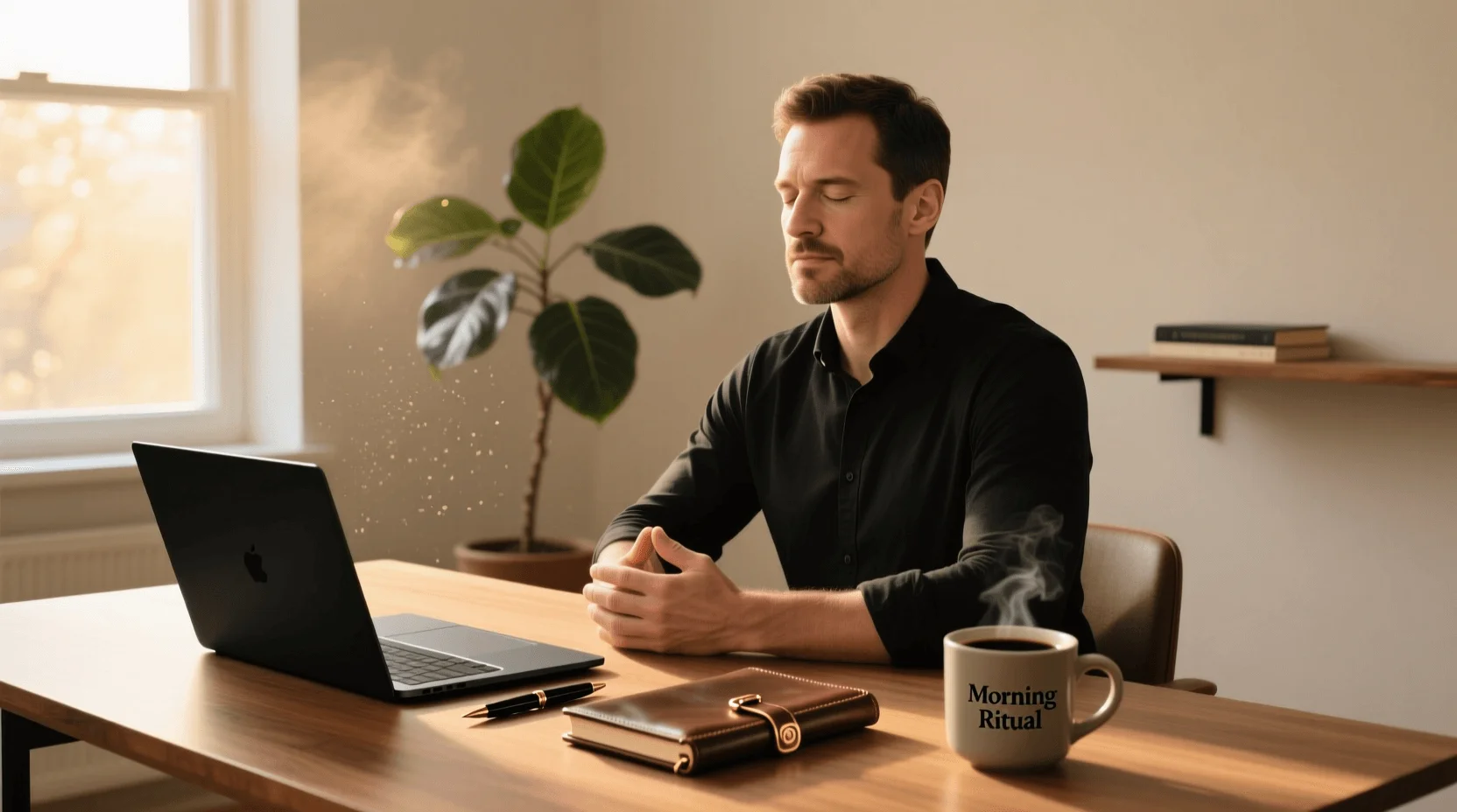 Pessoa concentrada meditando antes de sessão de apostas com laptop e caderno de anotações na mesa