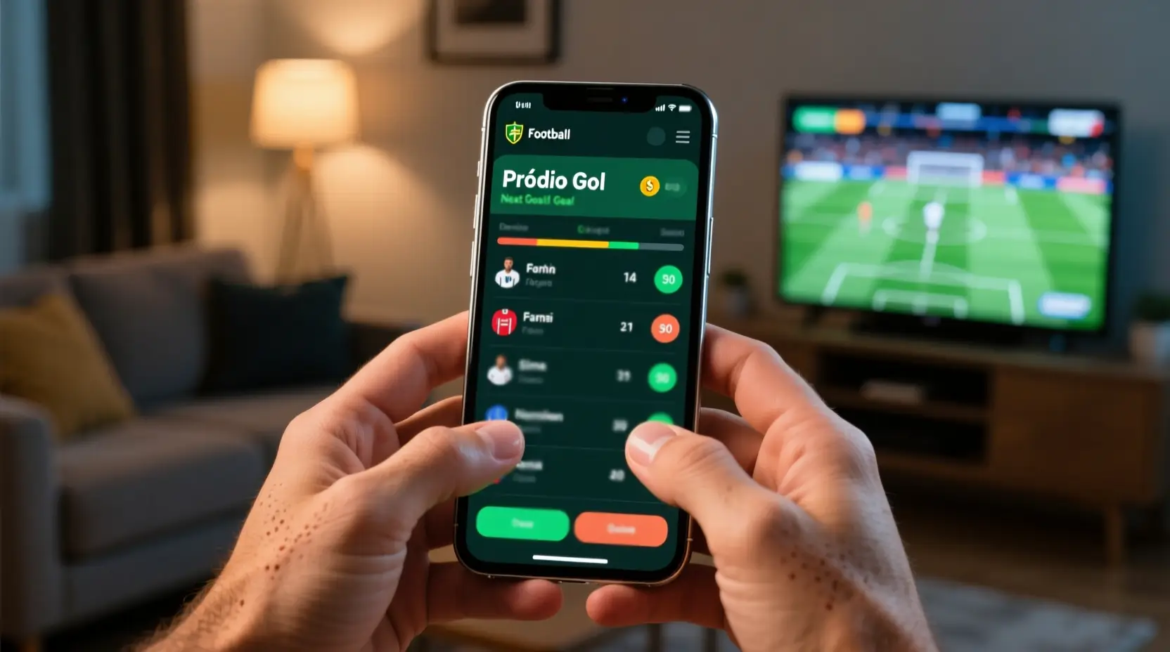 Close em tela de smartphone mostrando mercados de apostas ao vivo com odds de próximo gol