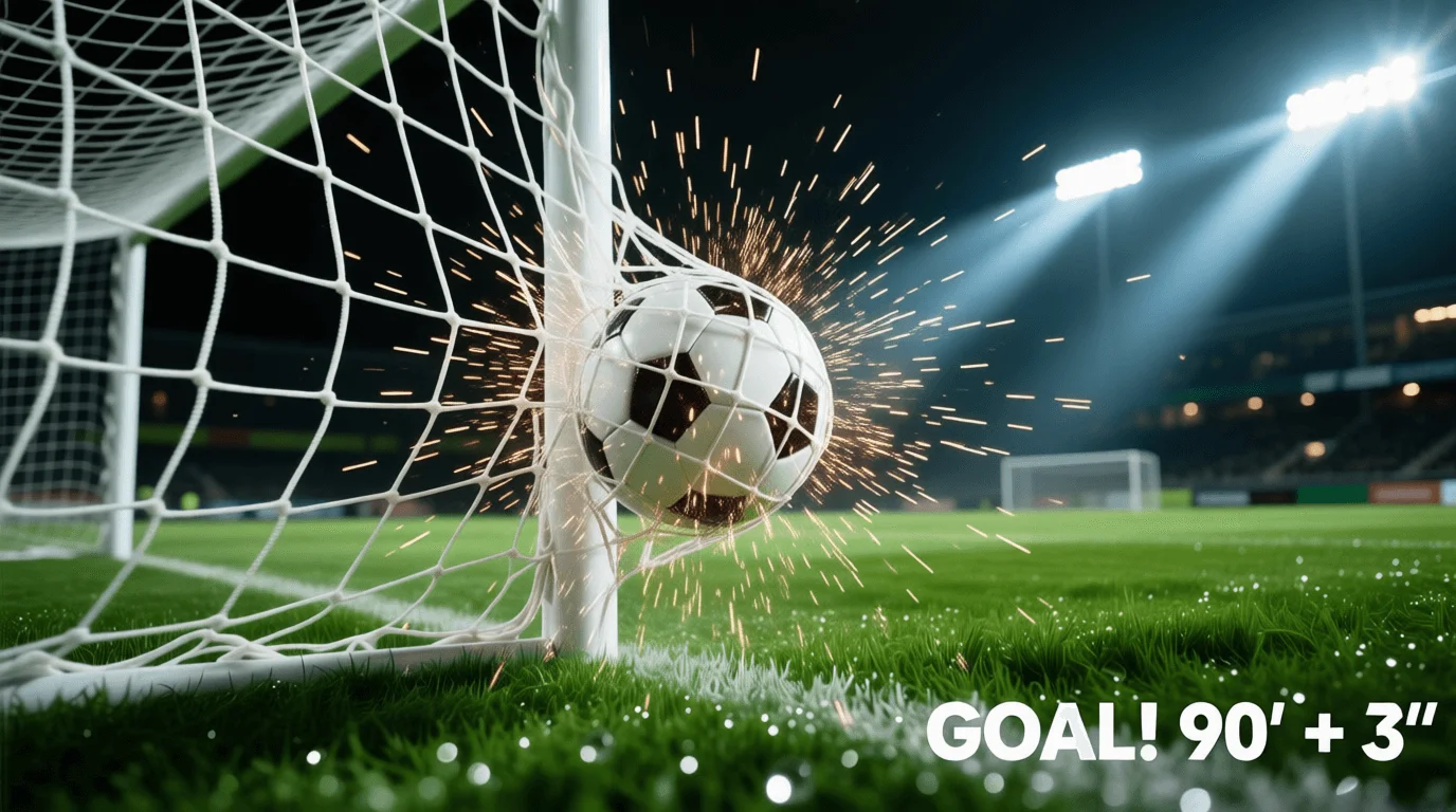 Bola de futebol entrando no gol com rede balançando em partida noturna iluminada