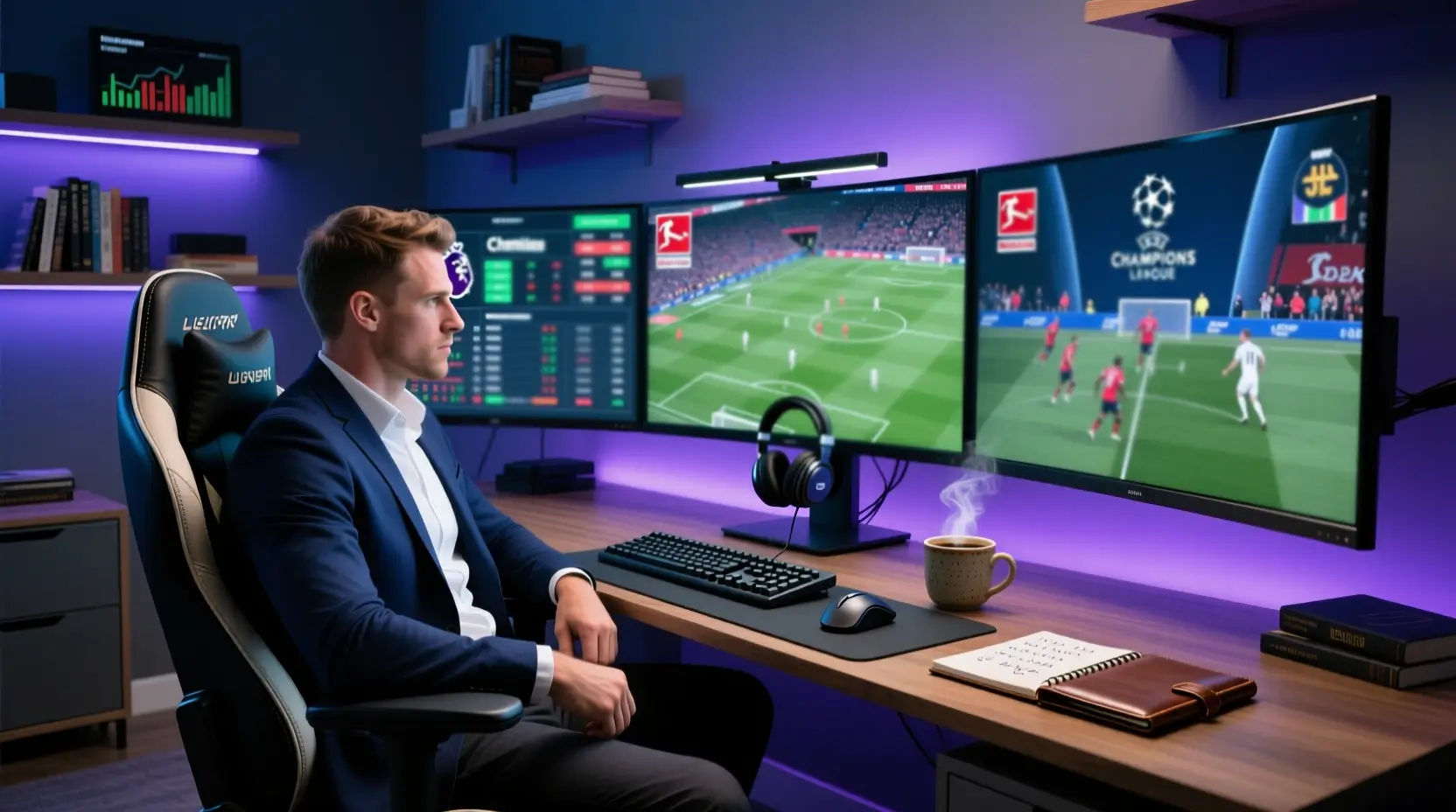 Apostador profissional assistindo múltiplas partidas de futebol em setup com várias telas